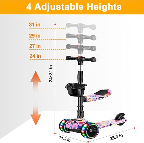 Miniatura 8 de Patinete 2 en 1 para niños de 3 a 8 años, altura ajustable, asiento extraíble, 3 ruedas de luz LED, actividades al aire libre para niños y niñas