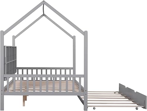 Miniatura 56 de Merax Cama de madera de tamaño individual con valla, techo, barandillas para niñas, niños, marco de cama de casa se puede decorar (gris)