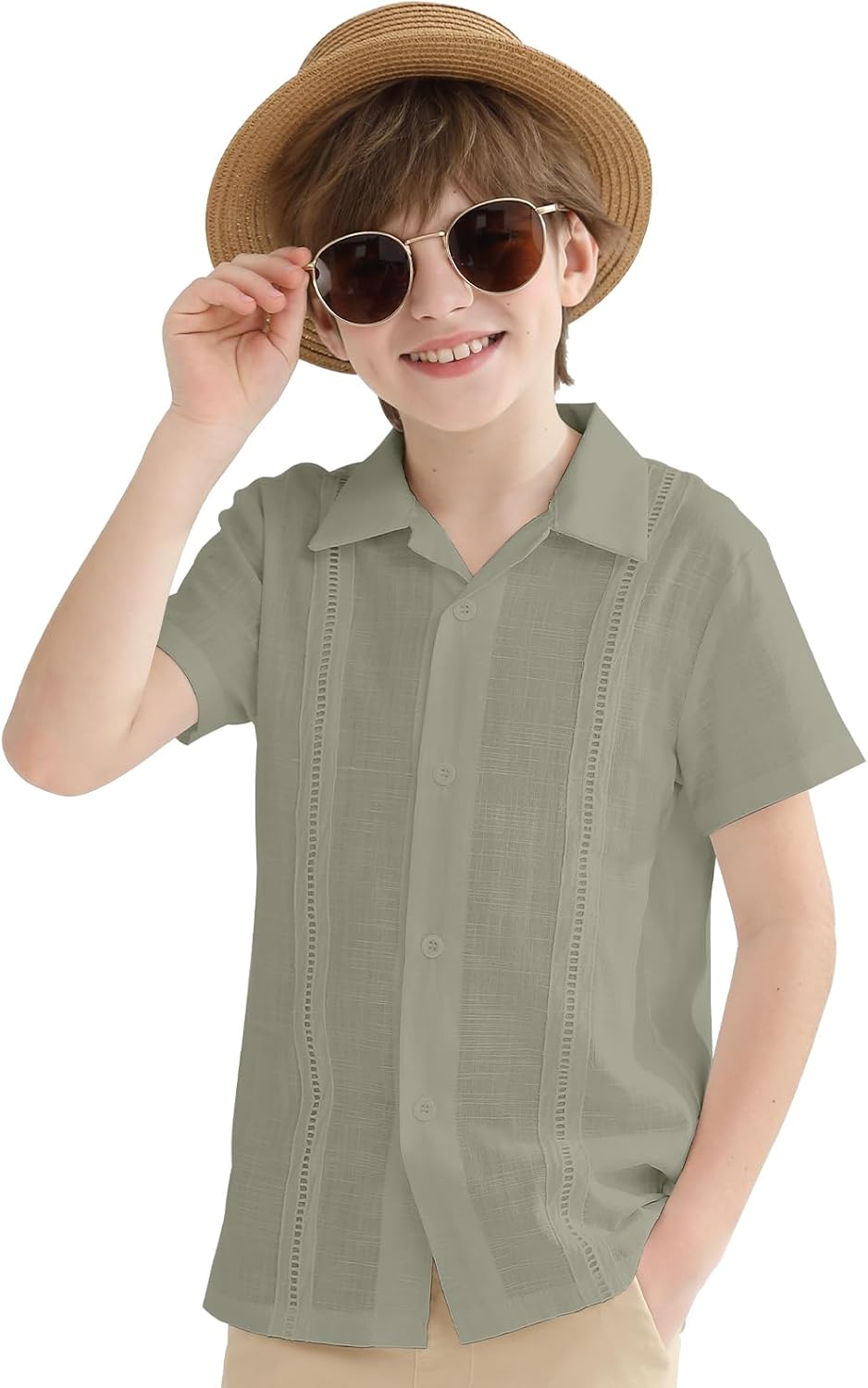 OEBLD Boys Cuban Guayabera Shirt Short Sleeve Button Down Shirts V Neck Cotton Linen Shirts - Image 5
