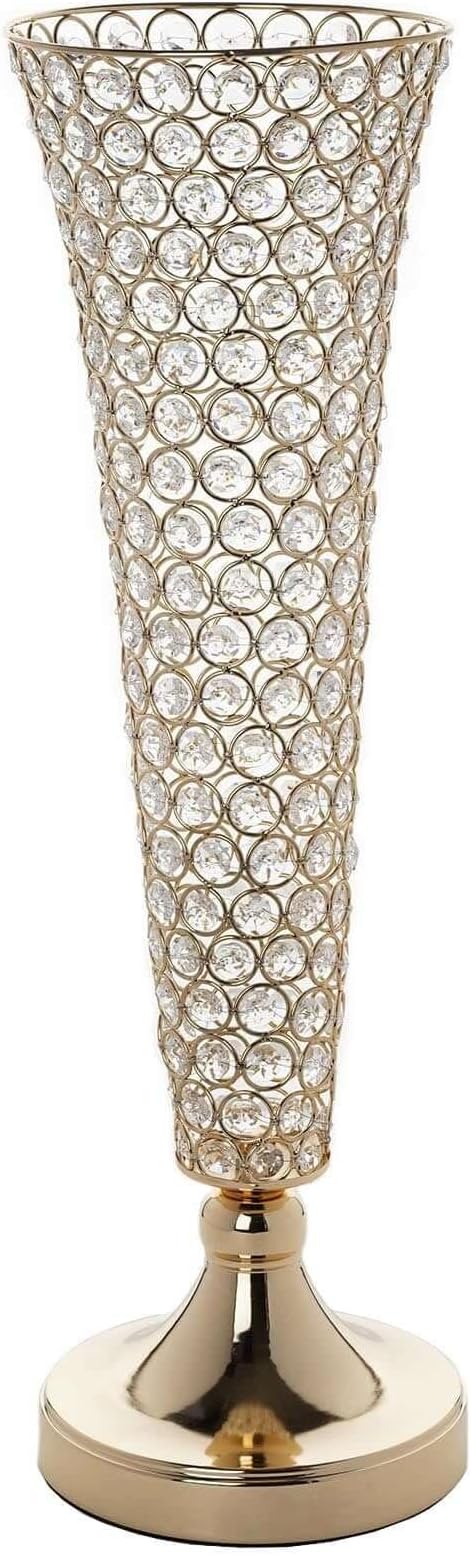Tableclothsfactory Set of 2 Tall Gold Beaded Crystals Trumpet Floral Vase Wedding Centerpiece 23" Tall