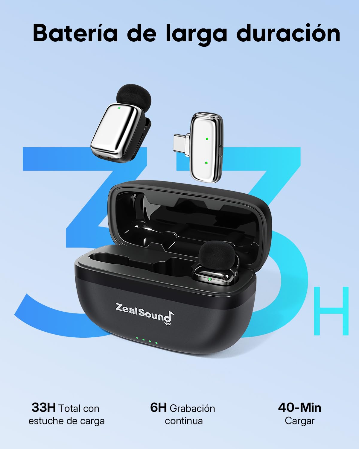 zealsound Mini Micrófono Inalámbrico Solapa para Phone 15/16 Android y PC (USB-C/Lightn-ing), 33H Duración, Reducción de Ruido, Micrófono Lavalier Inalámbrico para ASMR, Podcast, Youtube, Vlog