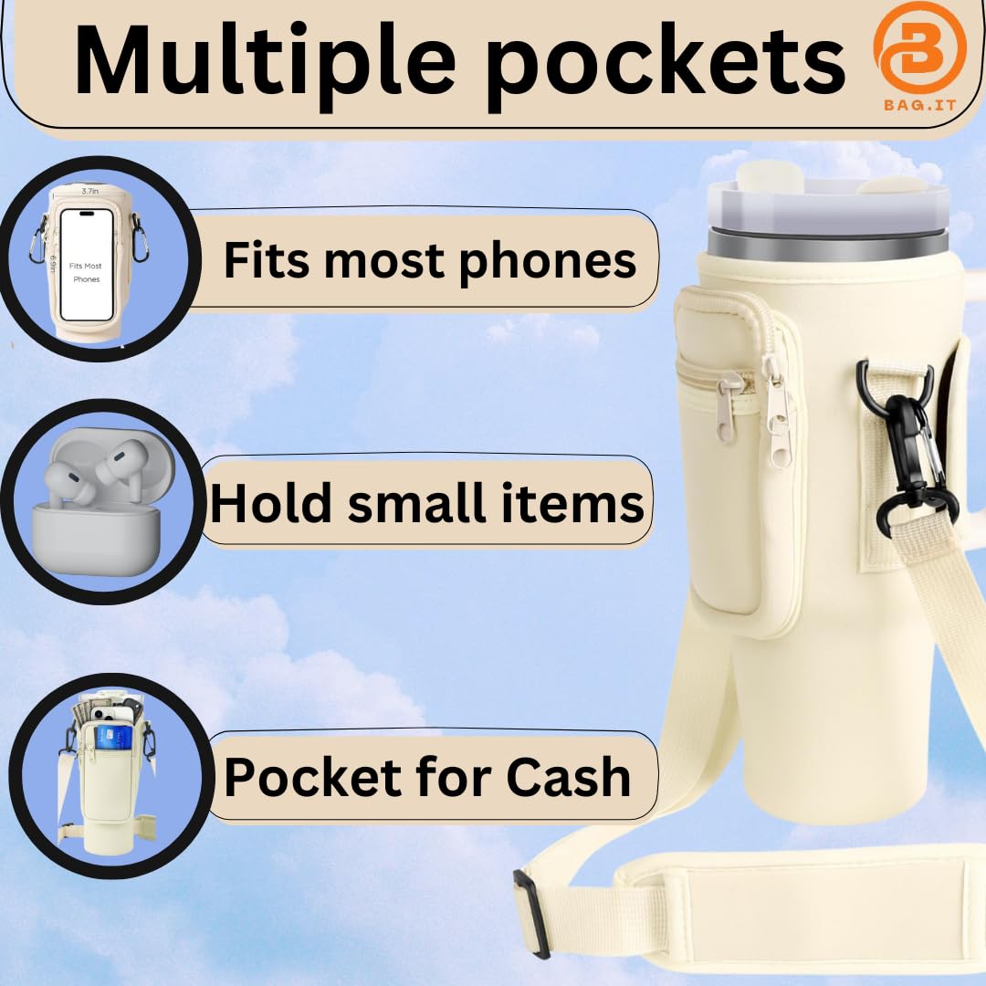 Tumbler Cup Bag, Accessories Holder with Adjustable Strap & Phone Pocket for Bottles, Beige, 7.87 x 5.91 x 0.79 inches - Image 2