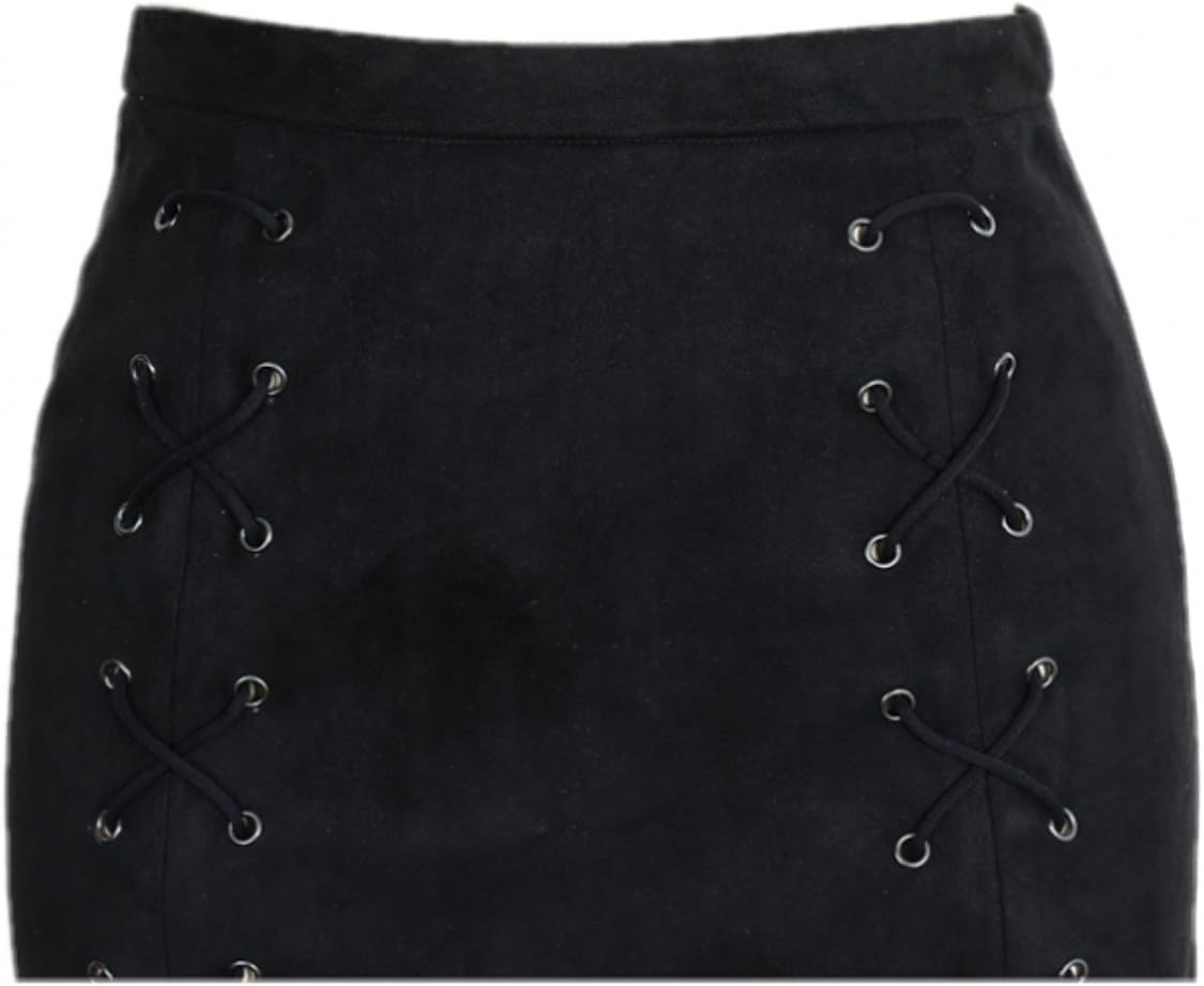 katiewens Women's Classic High Waist Lace Up Bodycon Faux Suede A Line Mini Pencil Skirt - Image 4
