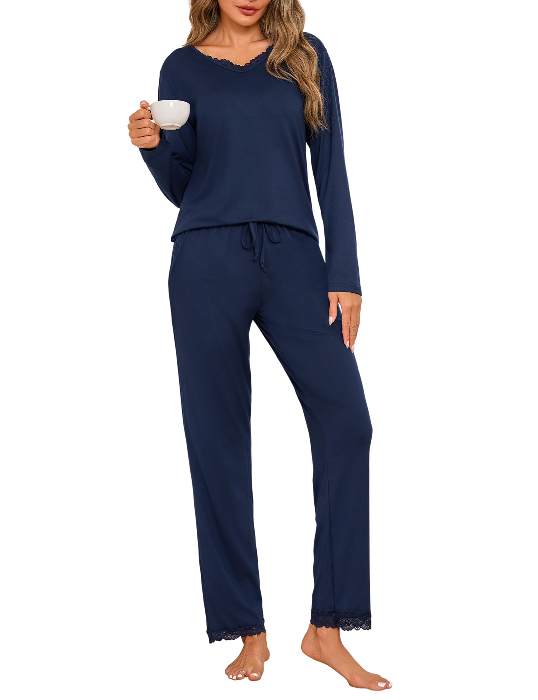 Jahetuul Schlafanzug Damen lang mit Spitze Pyjamas Frauen Schlafanzüge für Damen Nachtwäsche Baumwolle Lounge Set Schlafbekleidung Pyjamahose lang