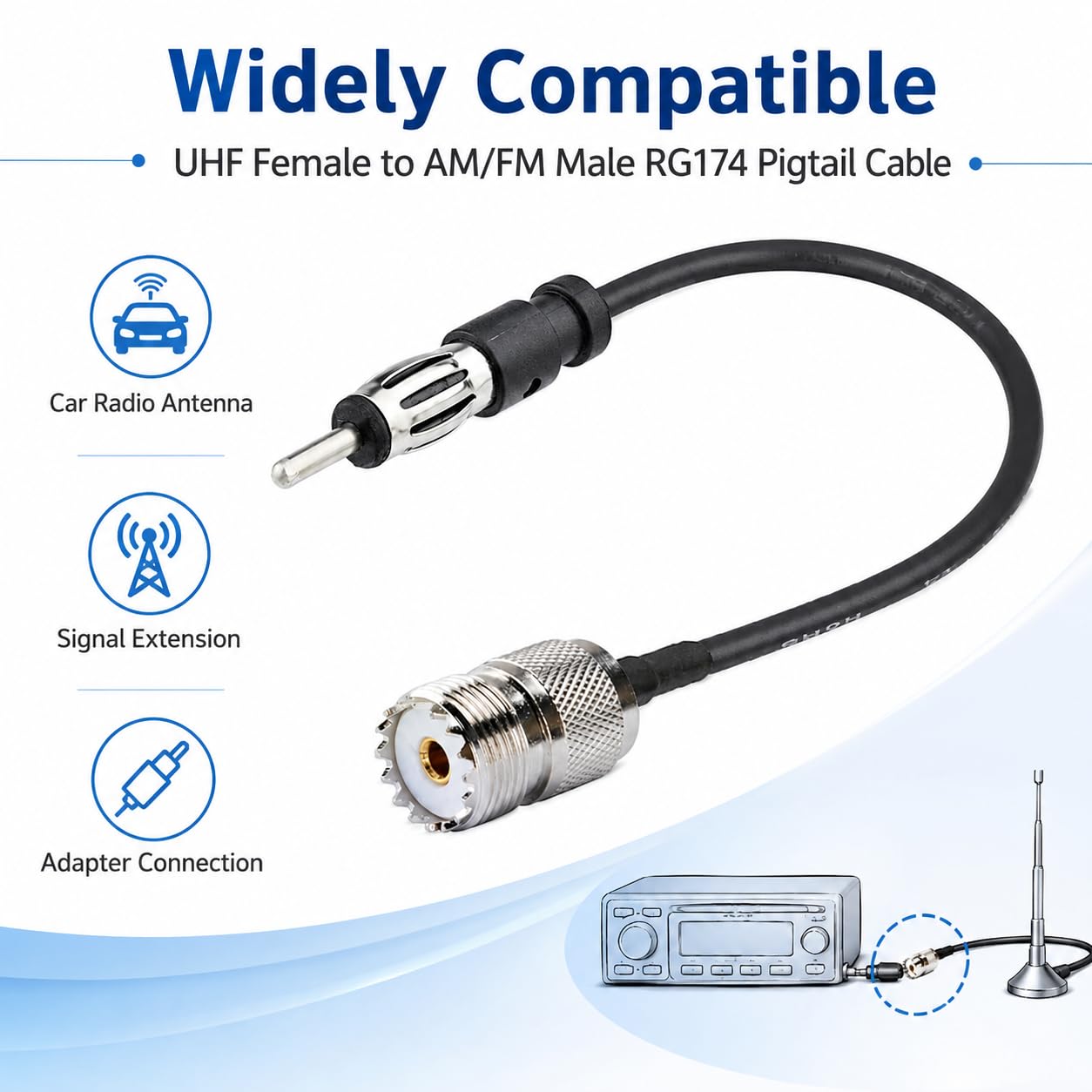 UHF-Buchse auf AM/FM-Stecker, RG174 Koaxialkabel, 30,5 cm, für Radioantenne