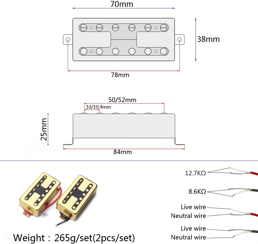Alnico 5 Humbucker Double Coil Guitar Pickup Set H Style Neck and Bridge Pickups Compatible with Les Paul LP Style Electric Guitar Replacement (Gold)