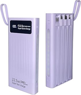 Portable Charger with Built in Cables,Mandarooker 10000mAh Power Bank with LED Lamp Fast Charging USB C External Battery Pack Phone Charger with LED Display for iPhone, Samsung and Cell Phones(Purple)