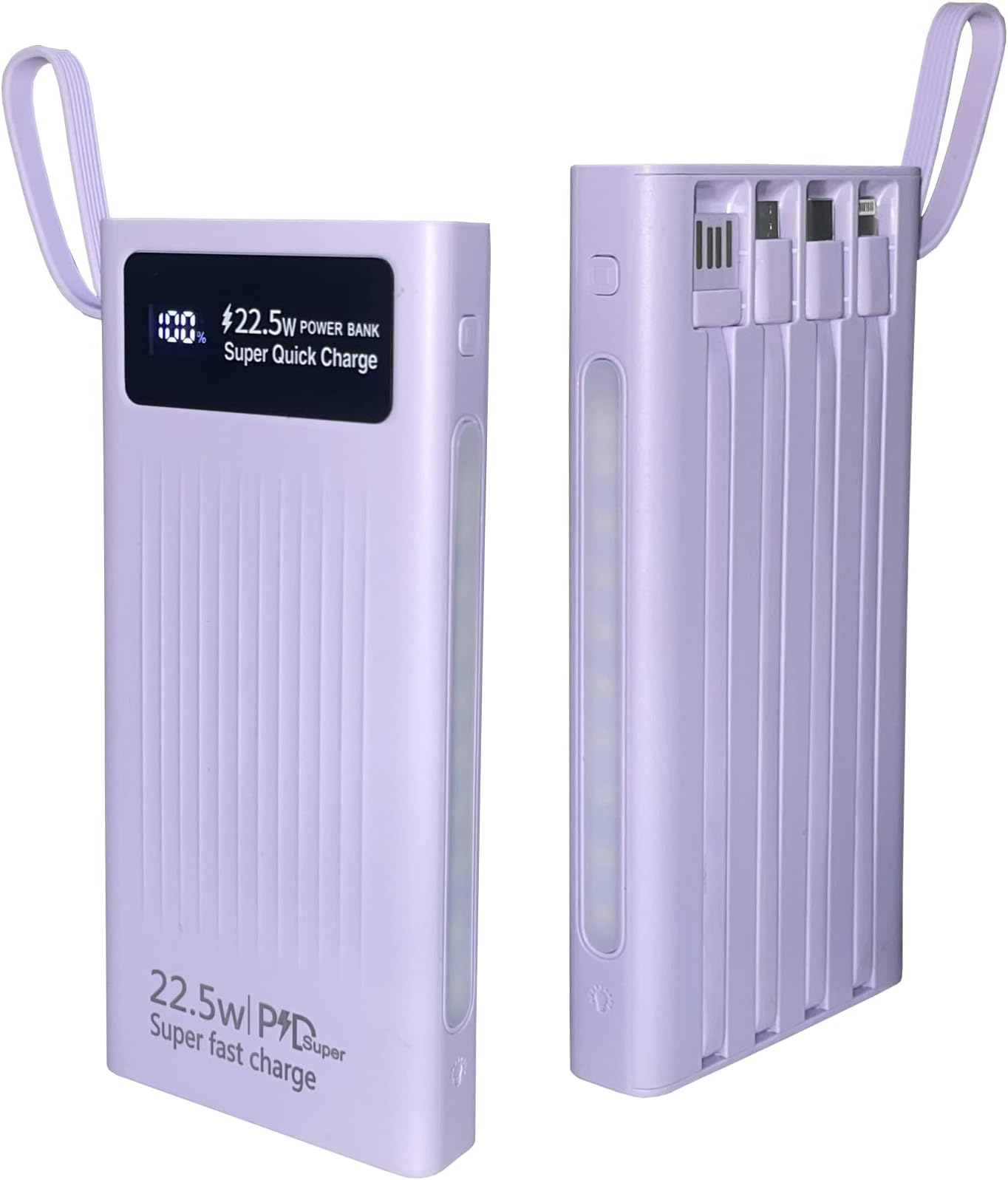 Portable Charger with Built in Cables,Mandarooker 10000mAh Power Bank with LED Lamp Fast Charging USB C External Battery Pack Phone Charger with LED Display for iPhone, Samsung and Cell Phones(Purple)