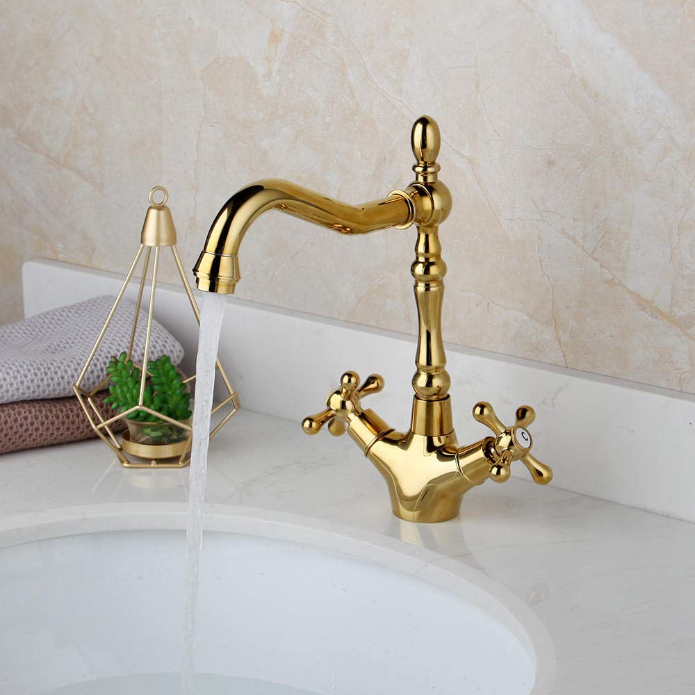 ASerZenith Gold Faucet Bathroom Sink Brass Single Hole Deck Mounted Water Mixer Tap Antique Brass 360 Degrees Swivel
