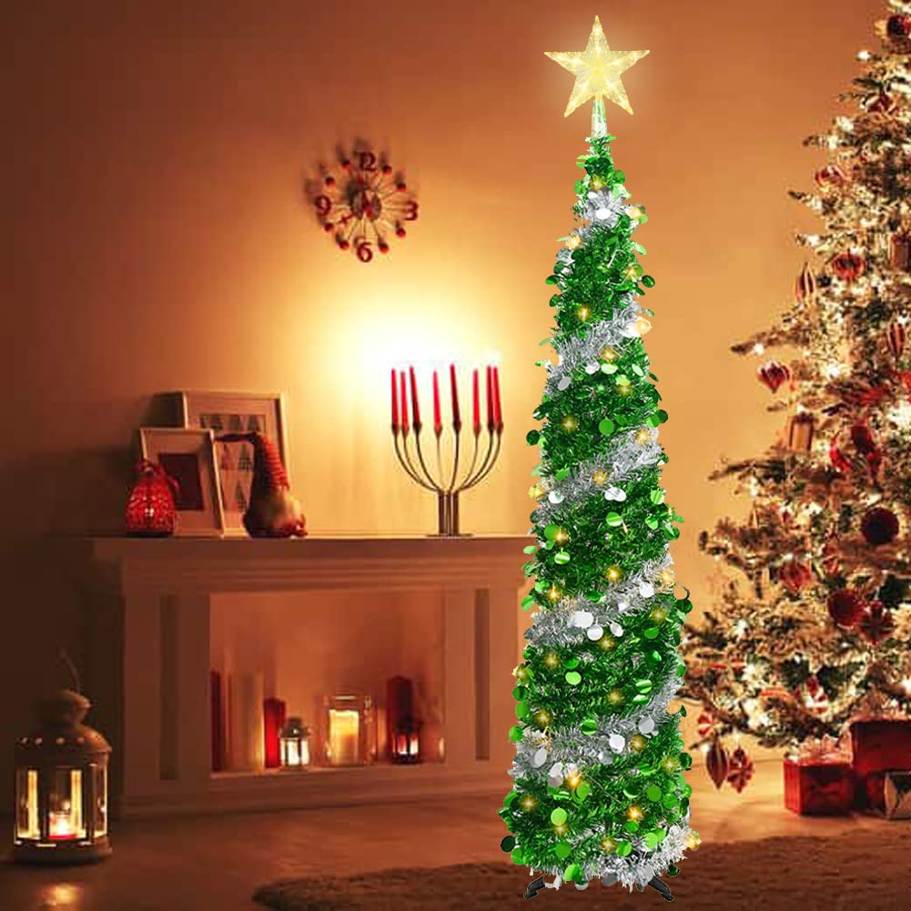 Sapin de Noël artificiel pliable avec 100 lumières LED et étoile pour les vacances, le carnaval, les fêtes, les décorations de Noël (vert)