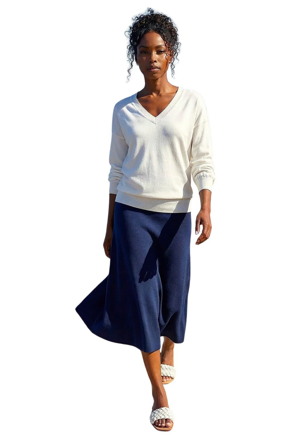 Roman Women's Ivory Plain Stretch V-Neck Jumper