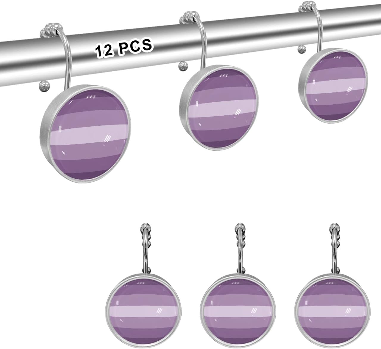 Stripes Shower Curtain Hooks, Purple Gradient 12PCS Shower Curtain Hooks Rings for Bathroom Stainless Steel Rust Resistant Shower Curtain Hangers
