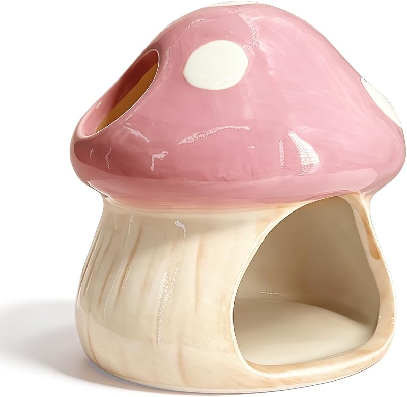 Betta Fish Tank Accessories, 4.33" Ceramic Mushroom Aquarium Decor, Pink | Hideout Cave Ornament for Small Fish, Shrimp, Hamsters & Reptiles – Aquarium Decor with Natural Look, Functional Shelter