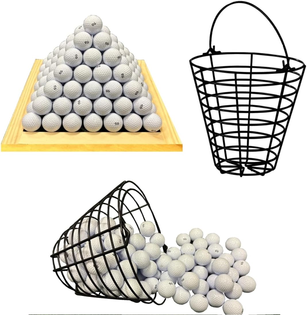 Practice Golf Balls and PP-Coated Metal Ball Basket – USGA Regulation Standard – Real Feel Compression Training Balls for Driving Range, Backyard, or Home Golf Simulator