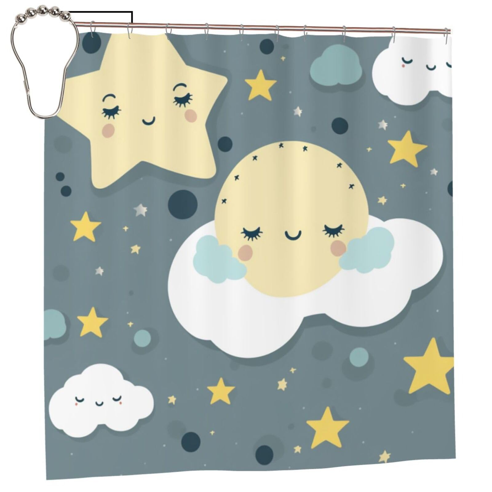 BWWHCCTI Moon Cloud Star Printed Shower Curtain With 12 Iron Hooks Opaque Quick Drying Waterproof Shower Curtains Sets For Bathroom 183x183 CM