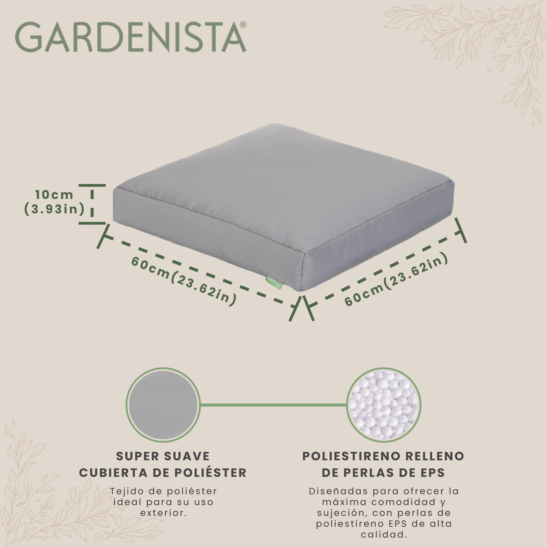 Gardenista Cojín de Suelo Acolchado, Medida 60 x 60 x 10 cm, Cojín Suelo Cuadrado, Cojines para Palets, Banco, Silla y Suelo, Asiento Cómodo Decorativo para Interior (6, Plata)