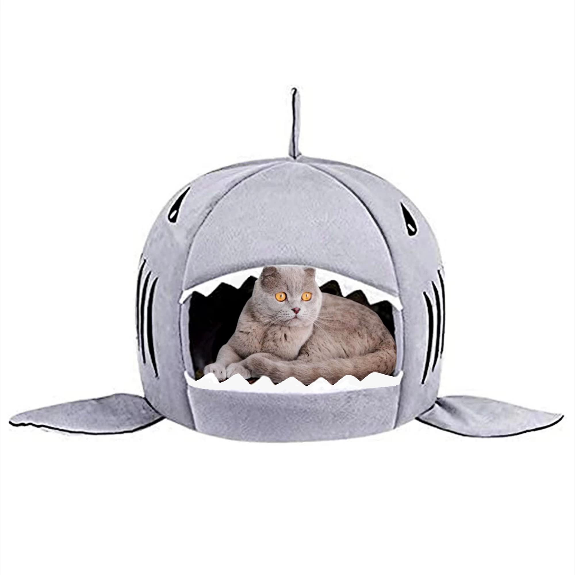 Shark Cat Cave Bed - Small Pet Dog House with Removable Cushion, Lovely Gift for Pets (Grey)