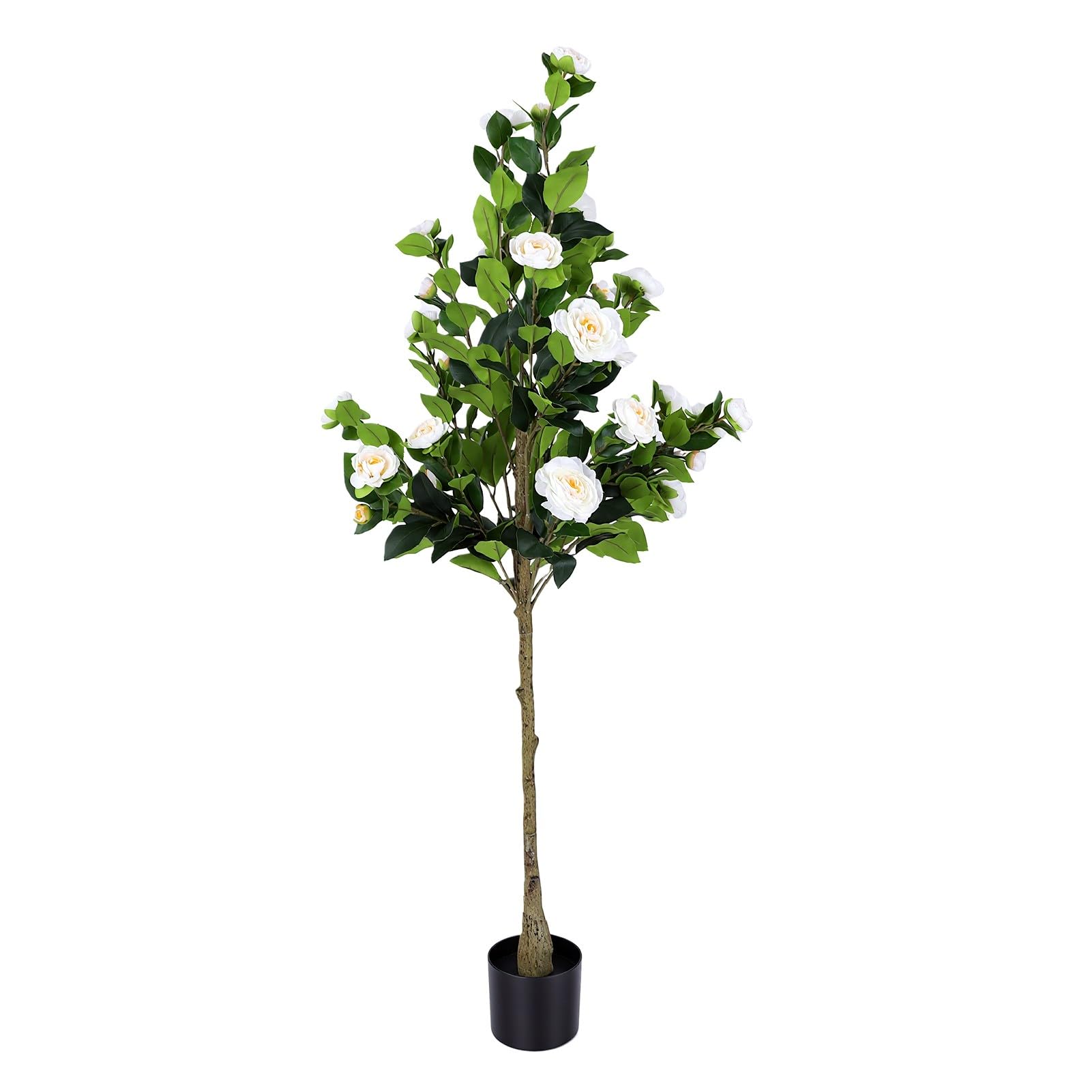 Zerodis Künstlicher Kamelienbaum, Künstliche Kamelienpflanze mit Blühenden Weißen Blüten, Lebensechter Stamm für Drinnen und Draußen, Zuhause, Büro, Wohnzimmer, Dekoration (180cm)