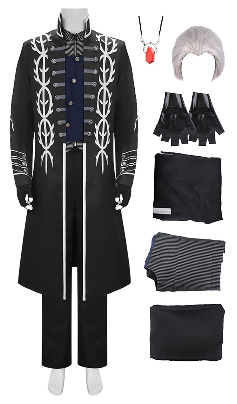 Cnulaueu Mens Cry Devil Cosplay Costume Vergil Trenchcoat Jacket Demon Uniform Suit Halloween Stage Punk Outfit Full Set (Black with Wig, Medium)