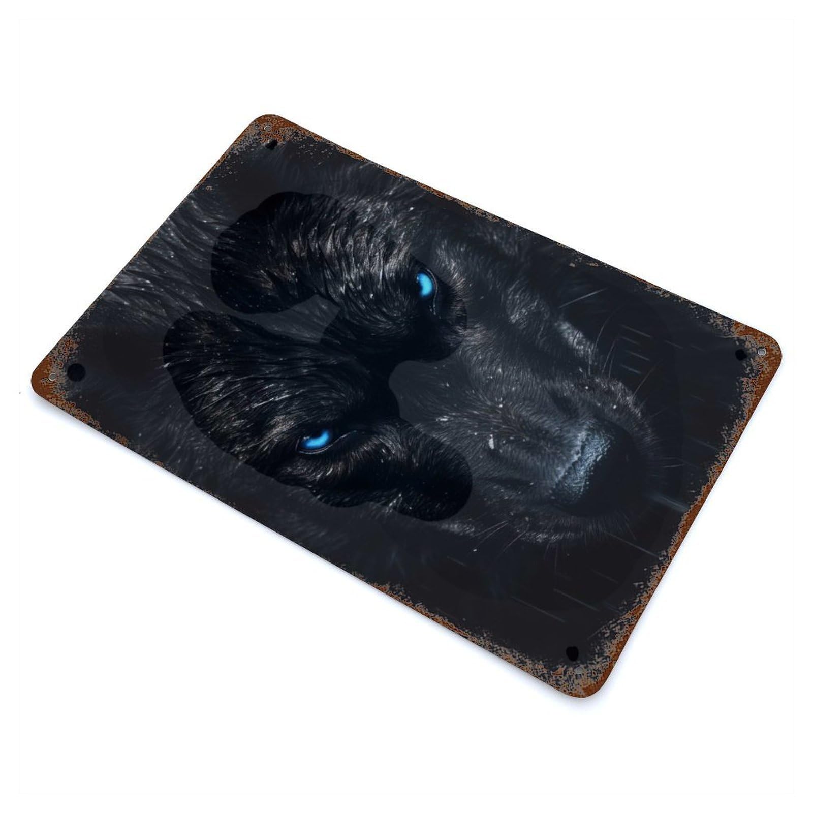 Black Wolf with Blue Eyes Distressed Metal Wall Sign 11.8"x7.9", Ideal for Garage, Bar And Workshop Decor