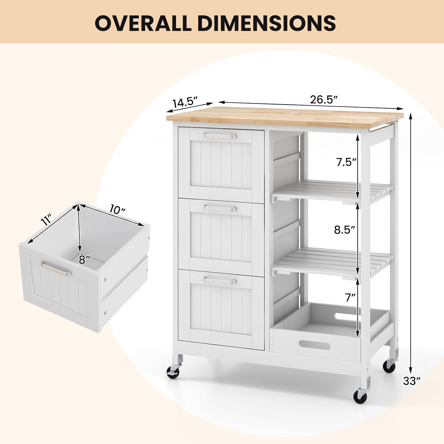 Kitchen Island with Storage, Kitchen Trolley on Wheels with Drawers & Open Shelves, Rolling Mobile Kitchen Island Cart for Dining Room Kitchen Living Room Bar Office (White)