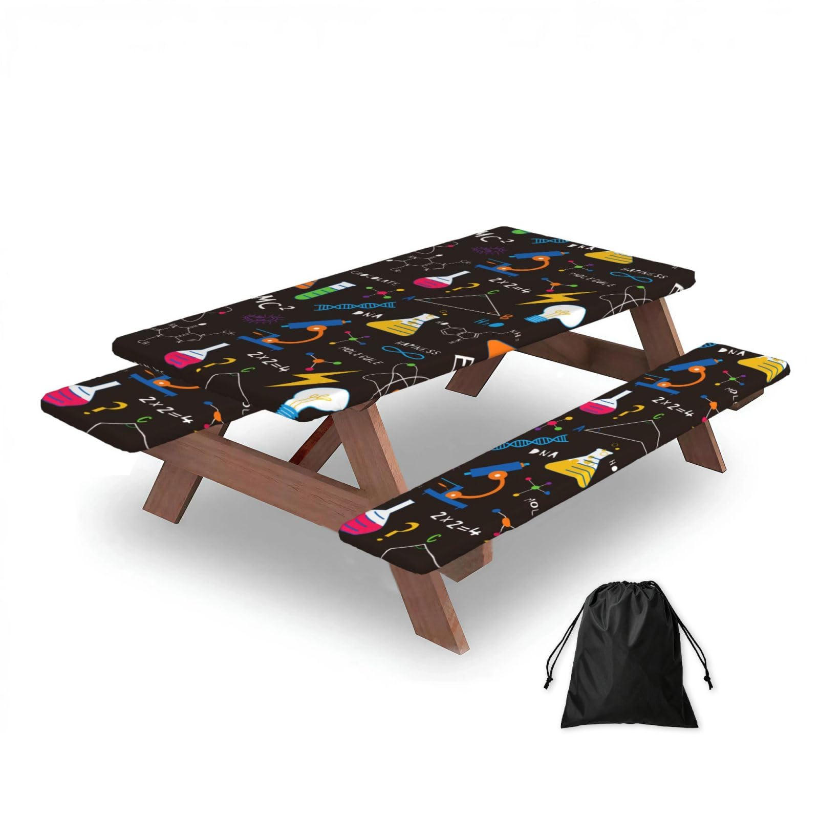 Dopklna As Picture Science Chemicals Flasks, Picnic Table Cover With Bench Covers -Waterproof Elastic Fitted Tablecloth For Garden Camping Patio 76X152cm