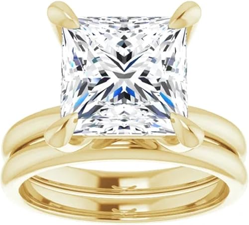 Miniatura 4 de Juego de anillos de compromiso hechos a mano de plata 925, oro macizo de 10K14K18K, 4 quilates de corte princesa, juego de anillos de boda de