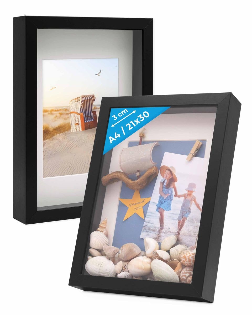 PHOTOLINI 3D Bilderrahmen zum Befüllen 21x30 A4 Schwarz, 3 cm tiefer Objektrahmen mit Glas, 2X tiefer Bilderrahmen A4 21x30 Holz MDF mit Passepartout, Dicker 3D Rahmen befüllbar für Gegenstände