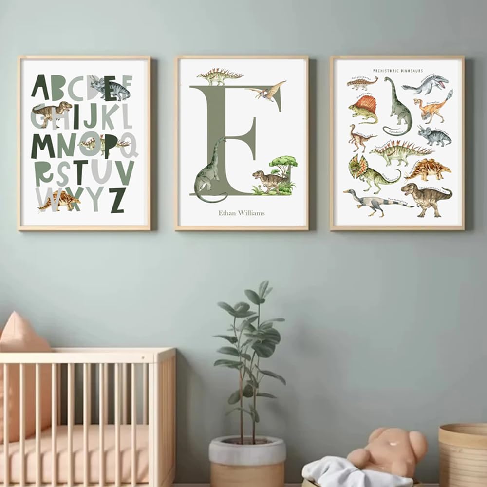Youihom 3 Poster Dinosaurios Niños Cuadros Bebe Personalizados con Nombre Laminas 30x40 Infantiles Cuadros Verdes Habitación Poster Alfabeto Español Laminas Lienzo sin Marco