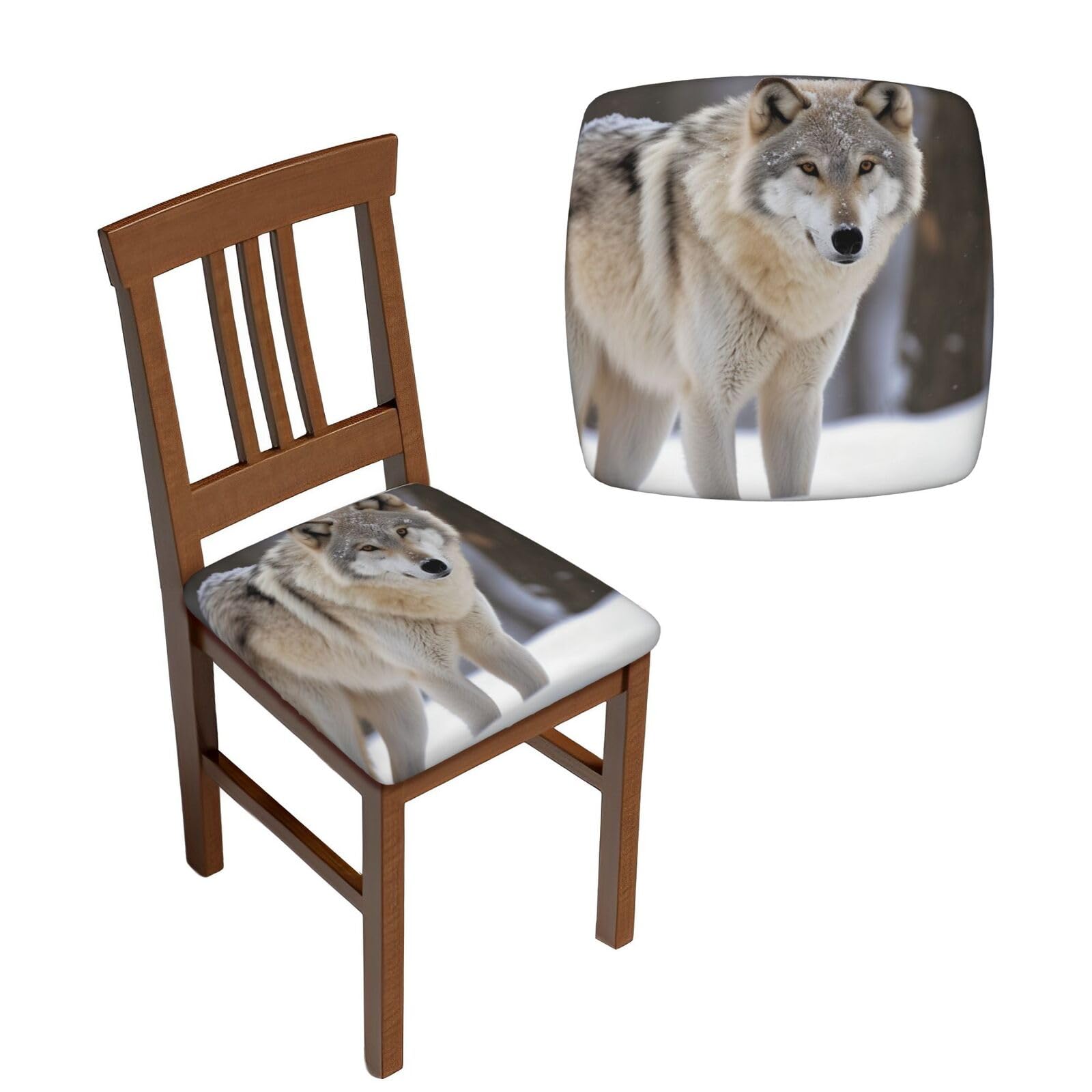 FodPand 4PCS Dining Chair Covers for Dining Room Wolf in The Snow Chair Seat Cover Stretch Parsons Chair Slipcover Removable Washable Seat Cushion Slipcovers Cover for Kitchen Office