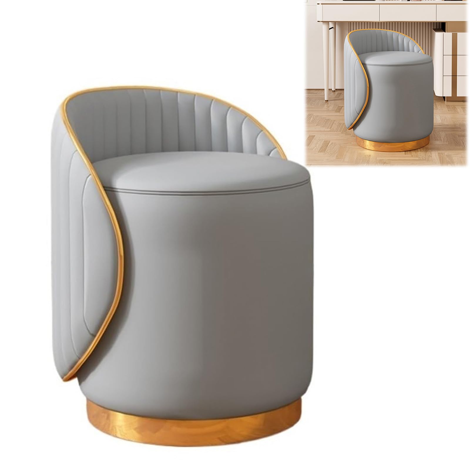 Slish Schminkstuhl, 360° drehbar, gepolsterter Make-up-Hocker mit weichem Leder und Rückenlehne, ideal für Schlafzimmer und Wohnzimmer, stilvolle und bequeme Sitzmöglichkeit, Grau
