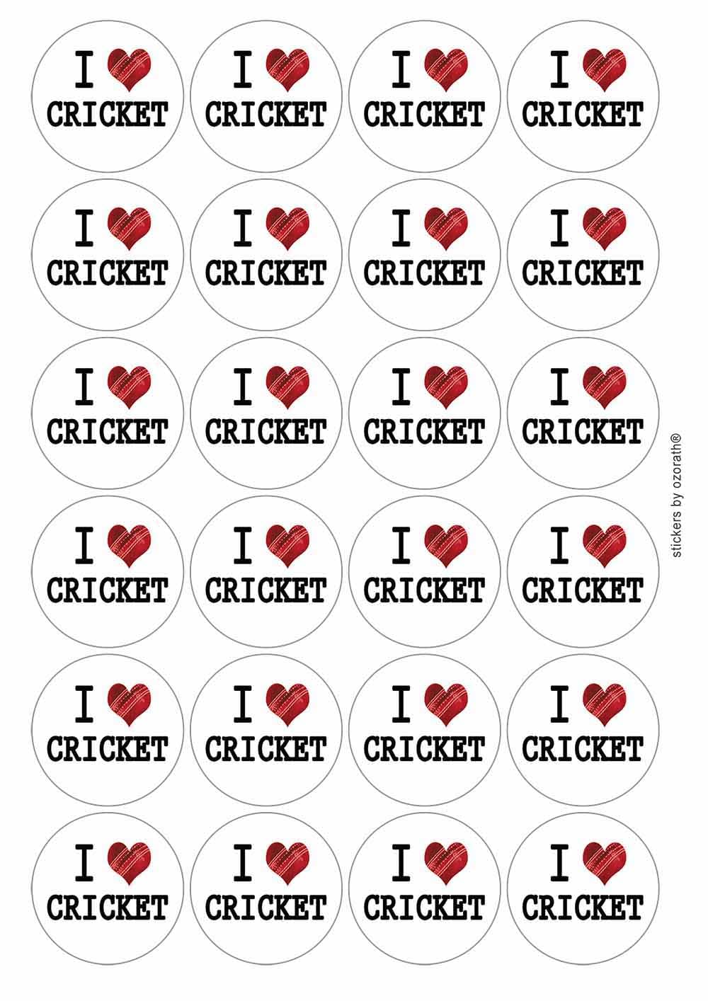 I Heart Love Cricket Circular Matt Paper Stickers A4 Sheet of 24 (Each Sticker is 45mm Diameter)