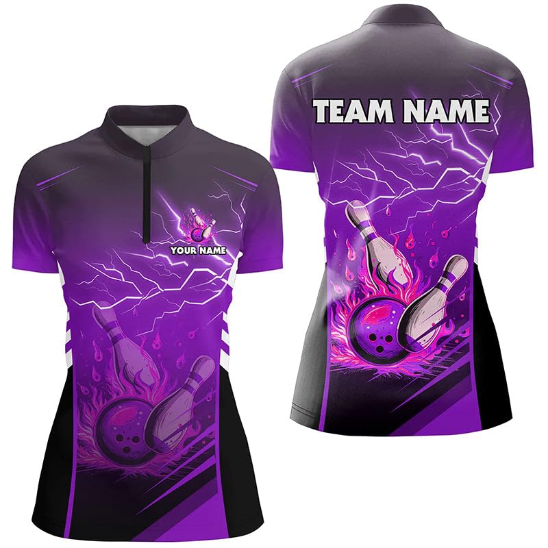 Flammen-Bowlingkugel-Pins, Blitz, individuelles Bowling-Shirt mit Polo & Viertelreißverschluss für Herren & Damen, Bowling-Teamtrikot | Lila N7479