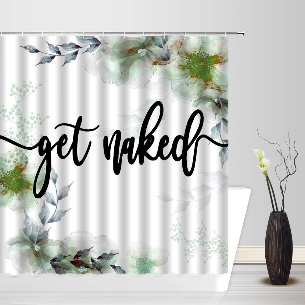 Watercolor Flower Shower Curtain Green Floral Blue Leaf Funny Quote Get Naked White Spring Botanical Plant Simple Creative Rustic Bathroom Decor Fabric Decor Curtains with Hooks