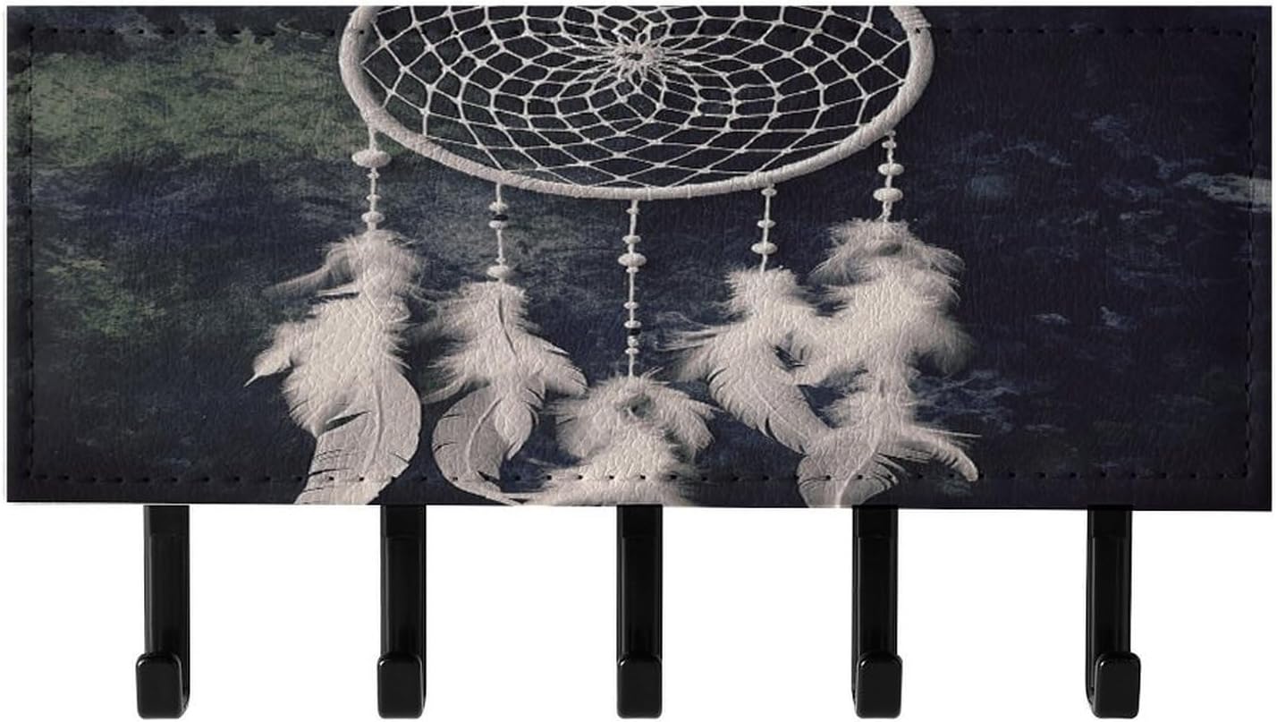 Key Holder Wall Mount Key Hanger with 5 Hooks, Decorative Key Rack | White Fantasy Dream Catcher Hanging Key Hooks with Mail Organizer for Wall Living Room Kitchen Bathroom Hallway