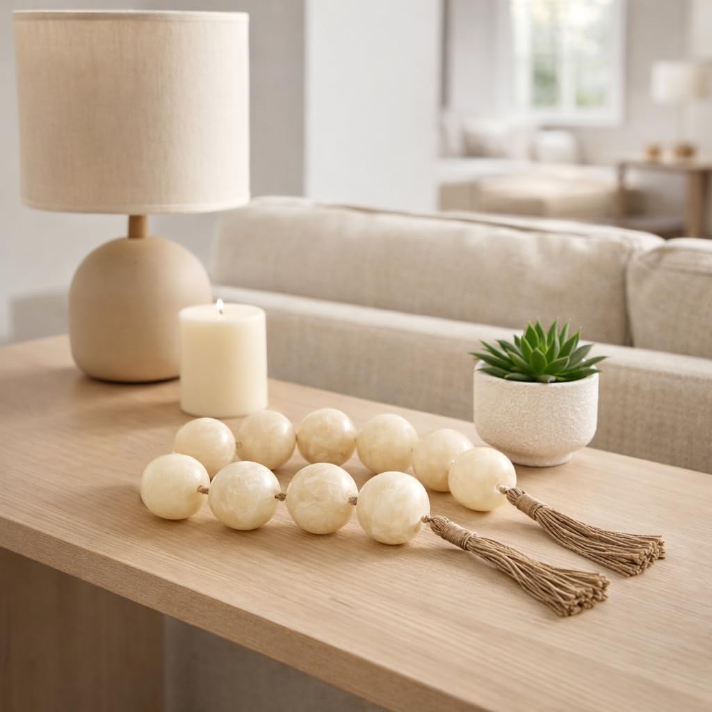 Rustic Swirled Resin Bead Garland for Home Decor and Bathroom - Sculpted Neutral Styling for Office, Room and Living Room - Oversized Display for Shelf and Coffee Table Layering Accent - 3", White