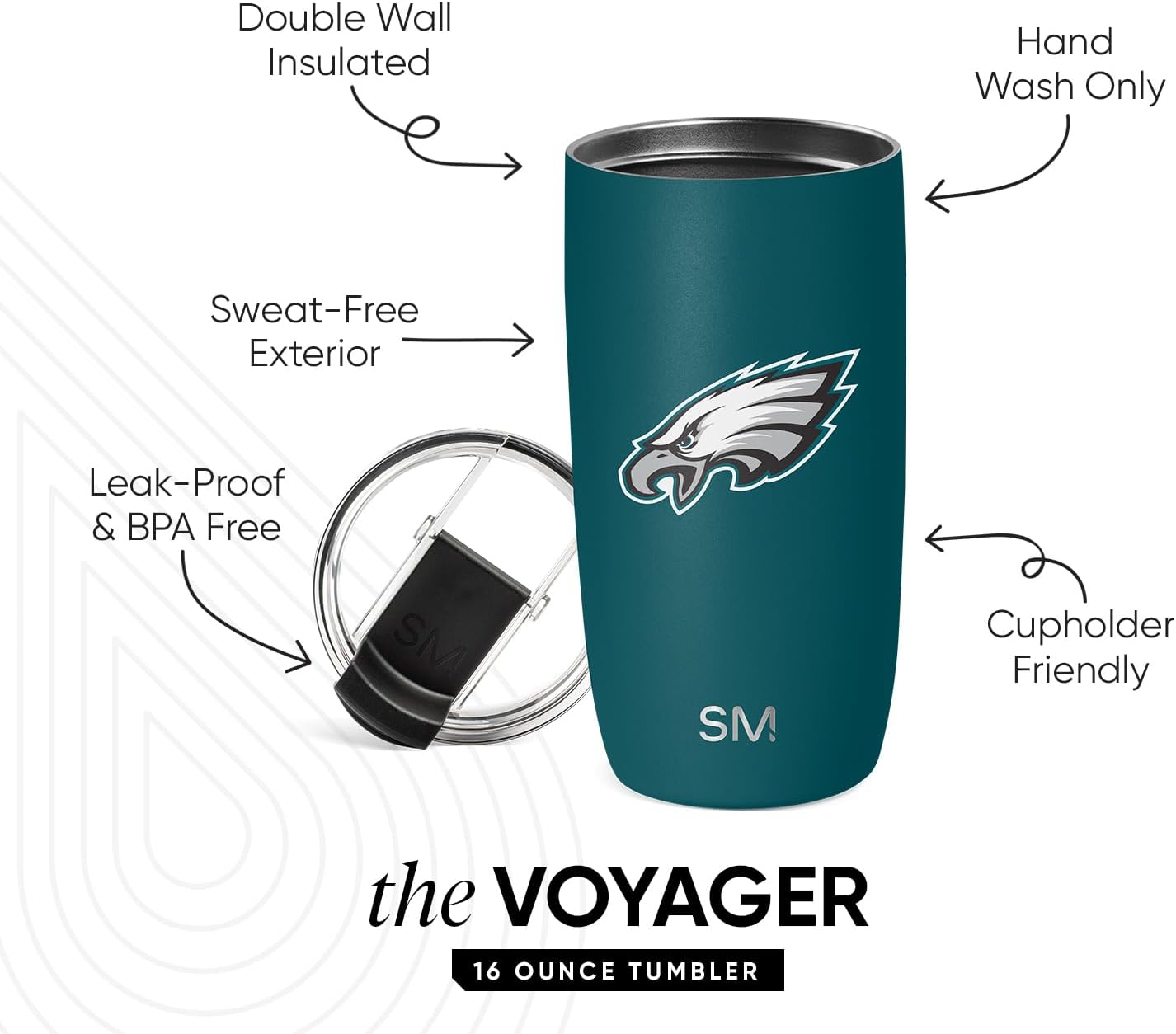 Simple Modern Officially Licensed NFL Philadelphia Eagles 16oz Travel Coffee Tumbler with Flip Lid | Stainless Steel Cup | Football Gifts for Men, Women | Voyager Collection | Philadelphia Eagles - Image 2