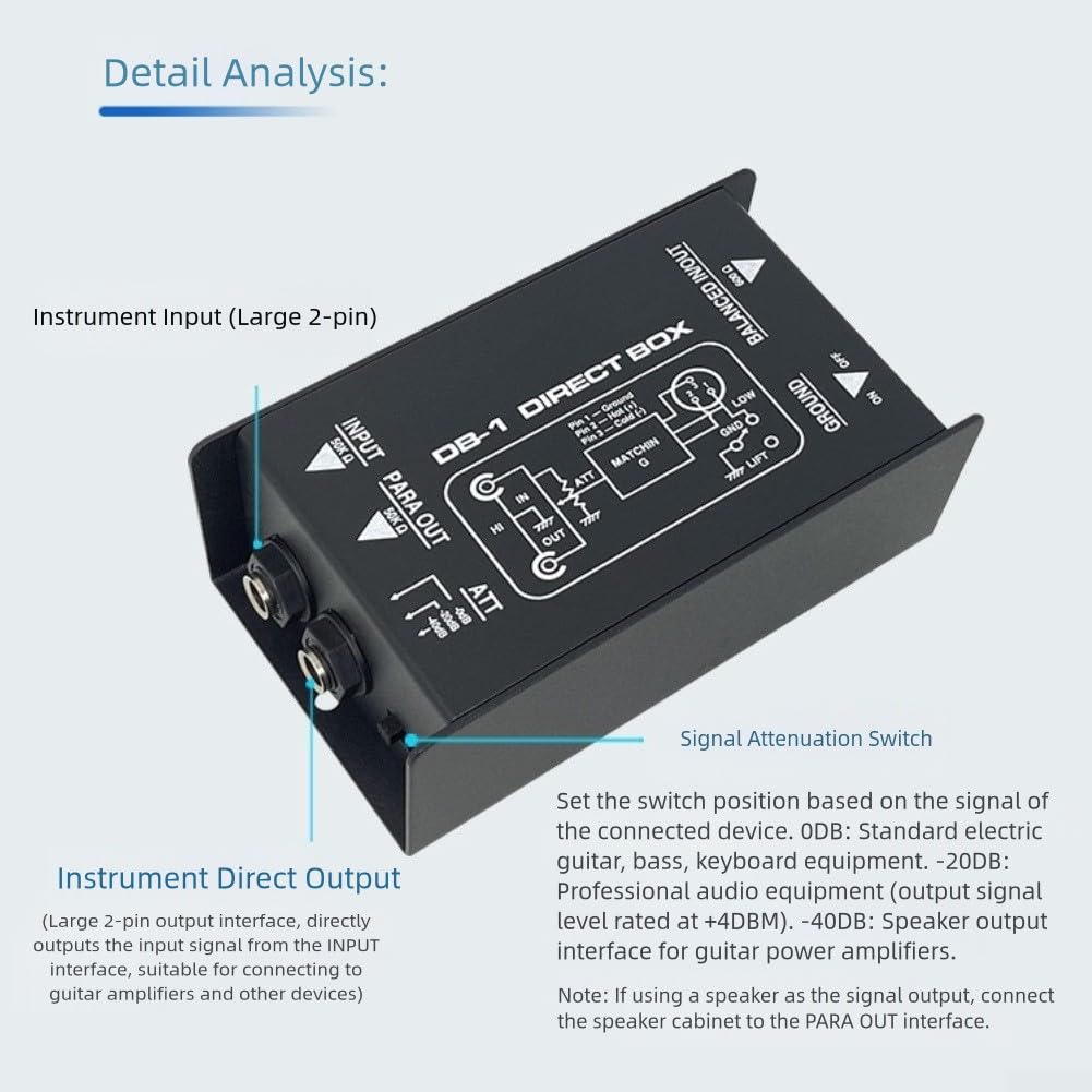 Box DI passivo, Eliminatore di ronzio audio, Splitter stereo DI Box per XLR Single Channel Audio System Altoparlanti Chitarra Basso