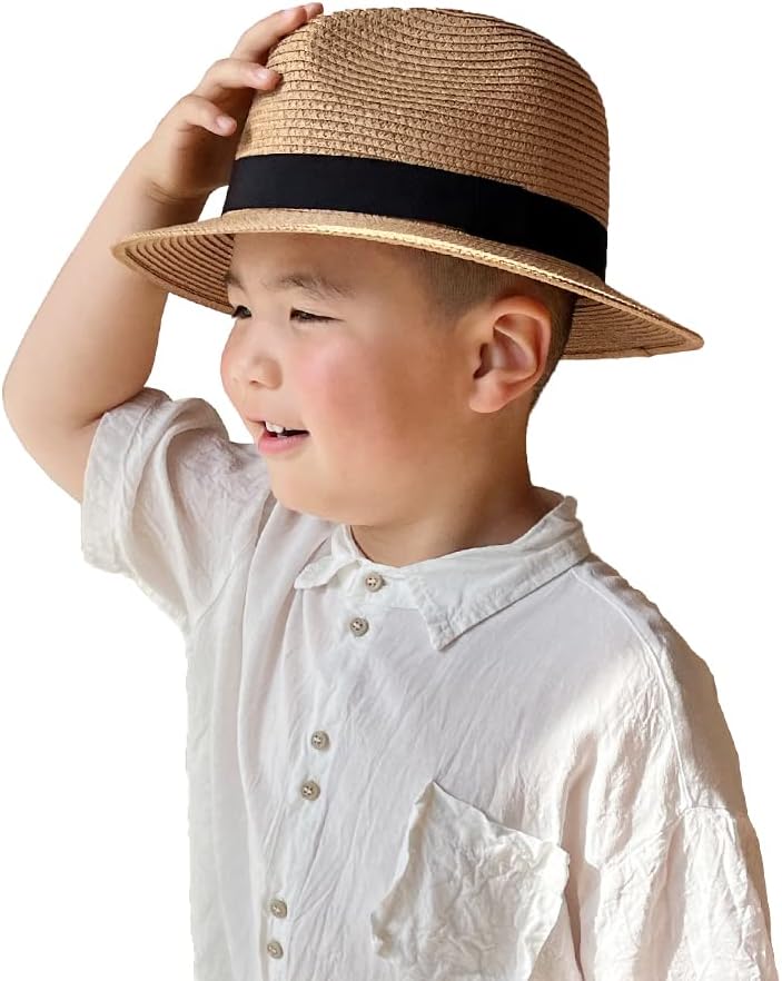 Straw Fedora Sun Hat for Kids Roll Up Short Brim Trilby Hat Panama Beach Hat…