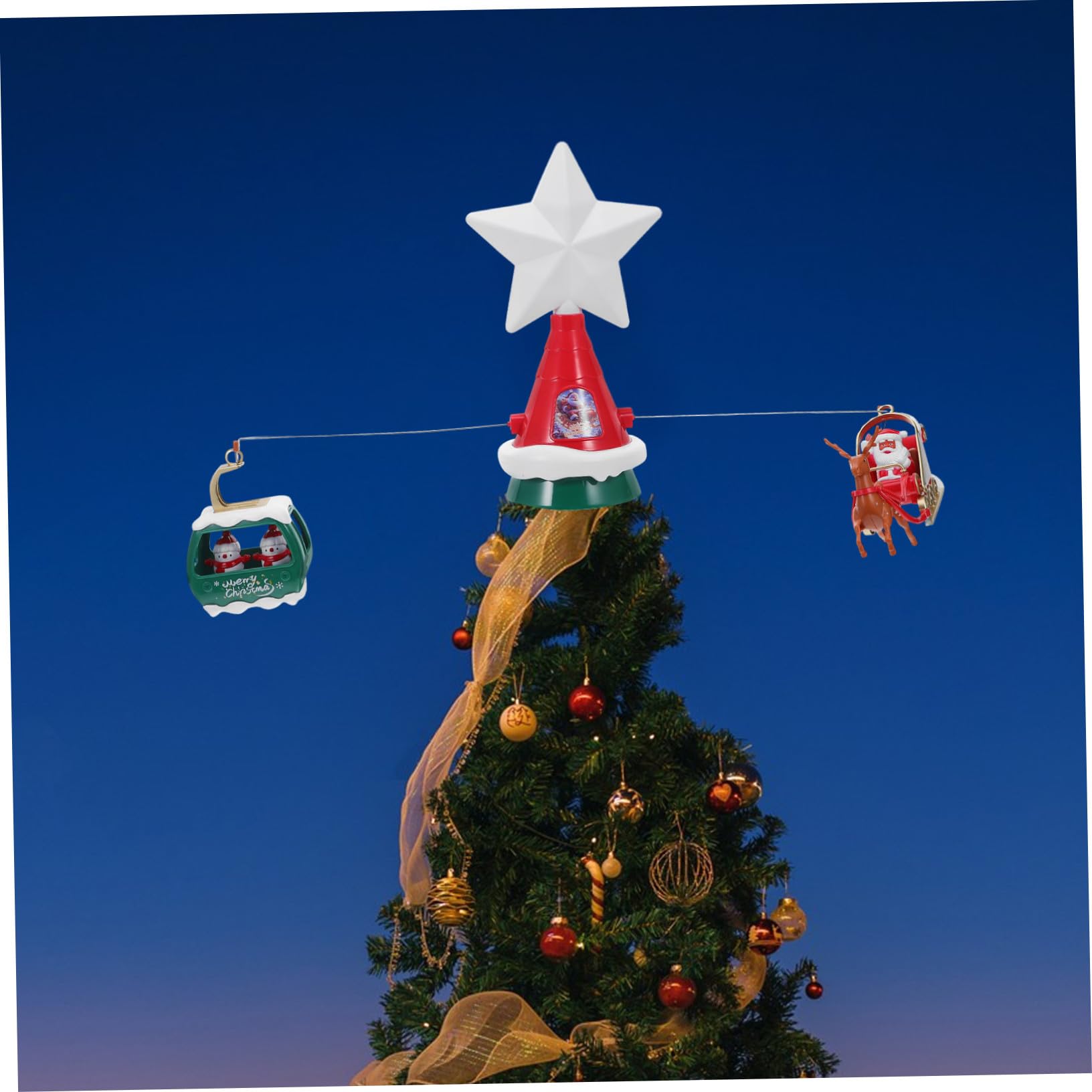 Puntale Rotante per Albero di Natale con Luce LED e Musica Decorazione Forma di Stella con Slitta di Babbo Natale e Pupazzi di Ornamento Natalizio per Cima Albero