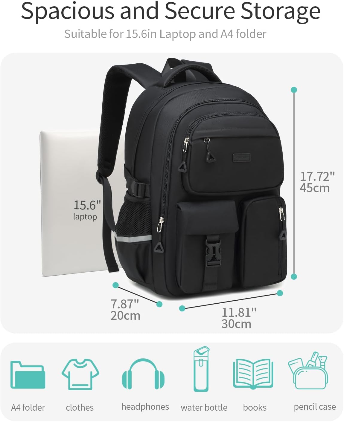 Big Student School Backpack for Girls Boys, Bookbag for Middle High School Teens College Bag for Women, Mochilas Escolares para Niñas, Back to School Gifts, Black