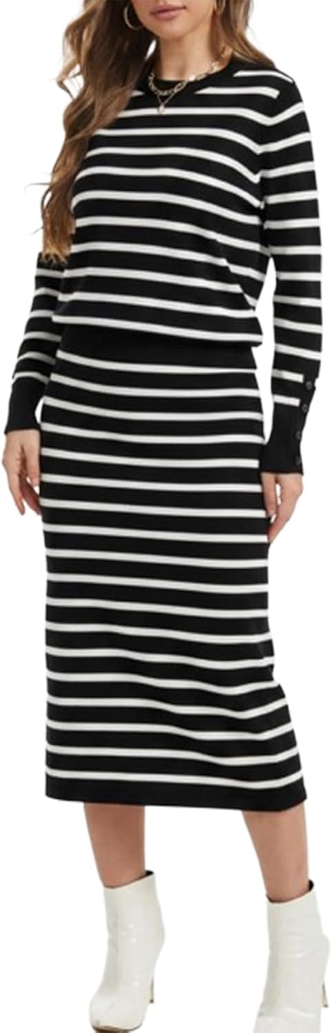 Simlakey Women's 2 Piece Skirt Sets Striped Long Sleeve Sweater and Skirt Fall Sweater Dress Knit Lounge Travel Outfits