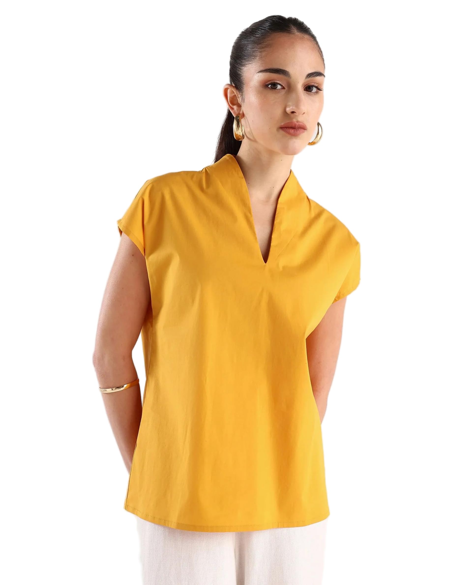 rareism Women Regular Solid Mustard Yellow Polyester Blend V-Neck Short Sleeve Top-picture-34