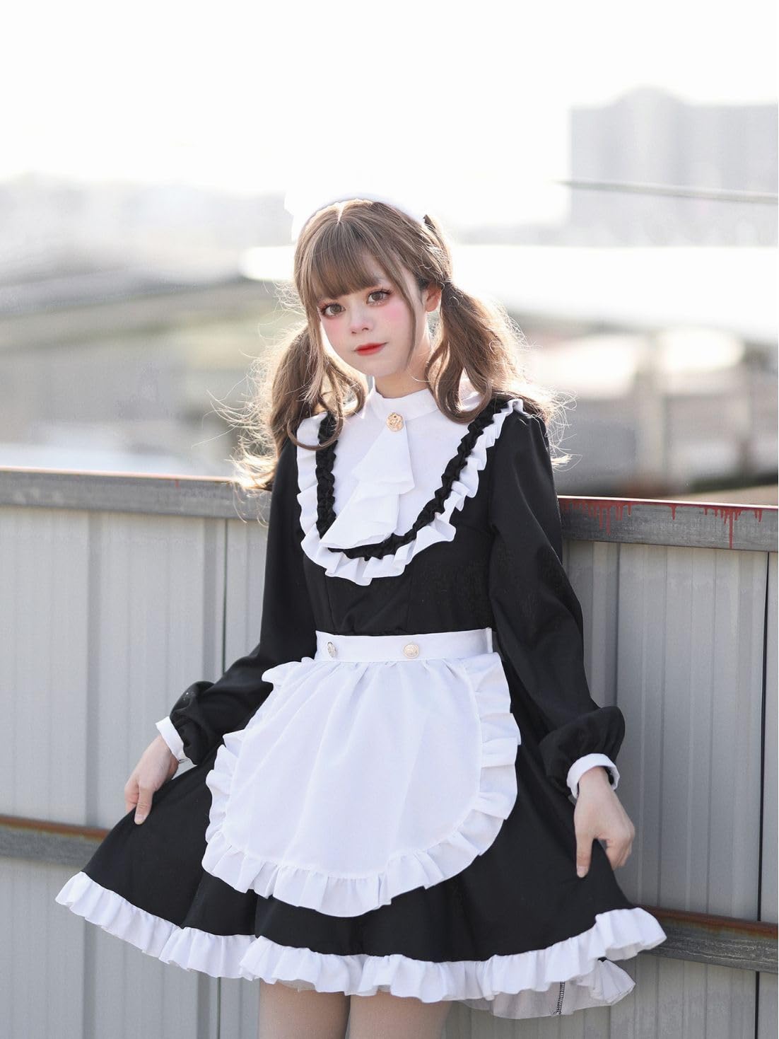 Faxianther Maid Costume Headband Apron Set, 2Pcs Lolita Cosplay Roleplay Lace Bowknot Hairband White Waist Apron - Image 4