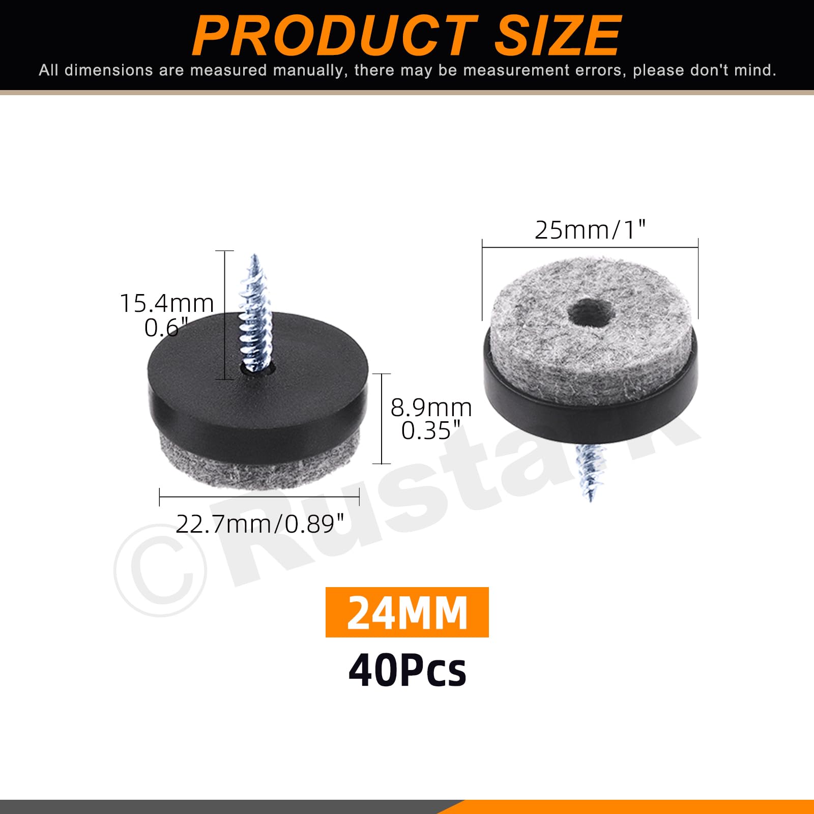 Rustark 40Pcs 24MM Black Screw-on Felt Pad Round Felt Pad Slider Floor Protector with Matching Strong Screws - Image 2