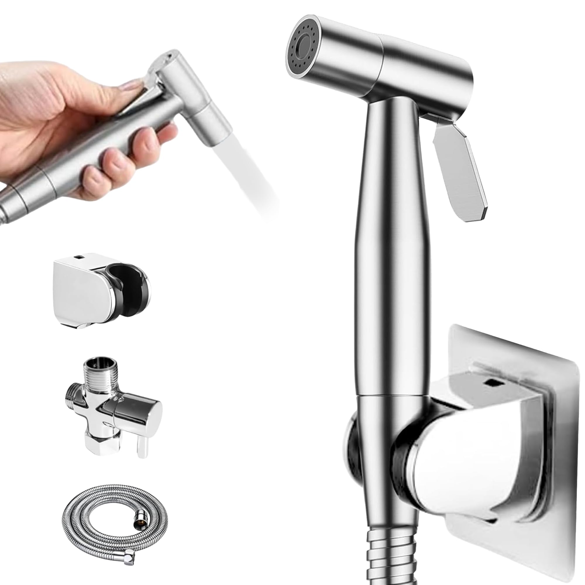 Handheld Bidet Sprayer for Toilet, Adjustable Water Pressure Stainless Steel Jet Spray with Hose &amp; 2 Wall Mounts, Muslim Shower for Bathroom Hygiene, Feminine Wash, Cloth Diaper, Baby Wash, Leak-Proof