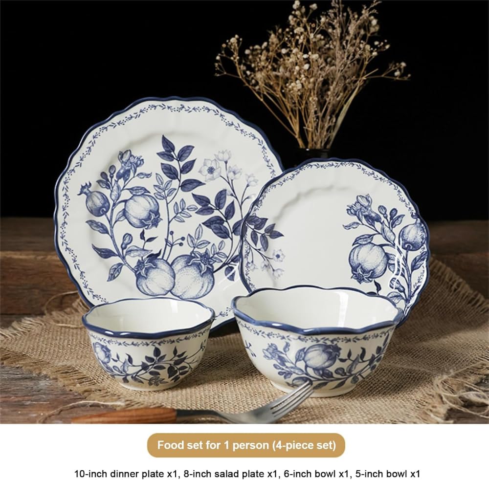 Ceramiczna miska, stek talerz obiadowy kreatywny niebieski kwiat gałęzie liście wzór warzyw miska zestaw talerzy zastawa stołowa prezent prezent ceramika zestaw obiadowy naczynia 4-częściowe zestawy