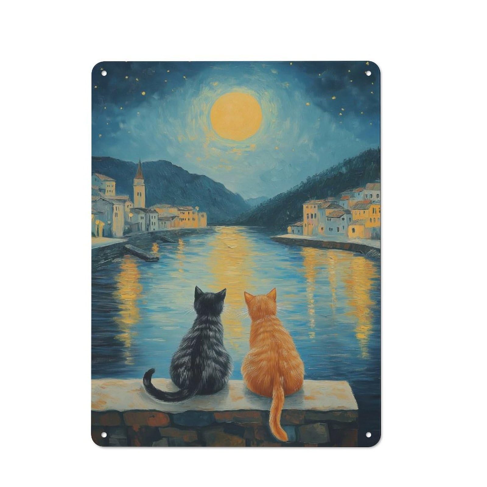 Junmoney Style-11 Cats By The Moonlit River Retro Tin Wall Plaque 40X30cm For Hobby Room Or Studio, For Garage, Workshop And Man Cave Decoration