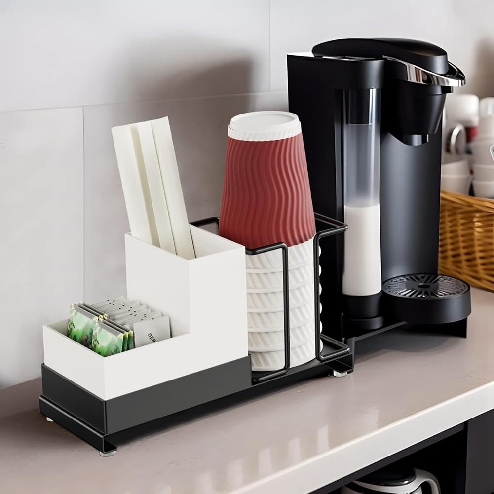 Kaffee- und Teestation Aus Metall, Organizer für Kleine Räume, Einweg-Pappbecherhalter, Teebeutel, Kaffeepads, Organizer für Büro, Schwarz