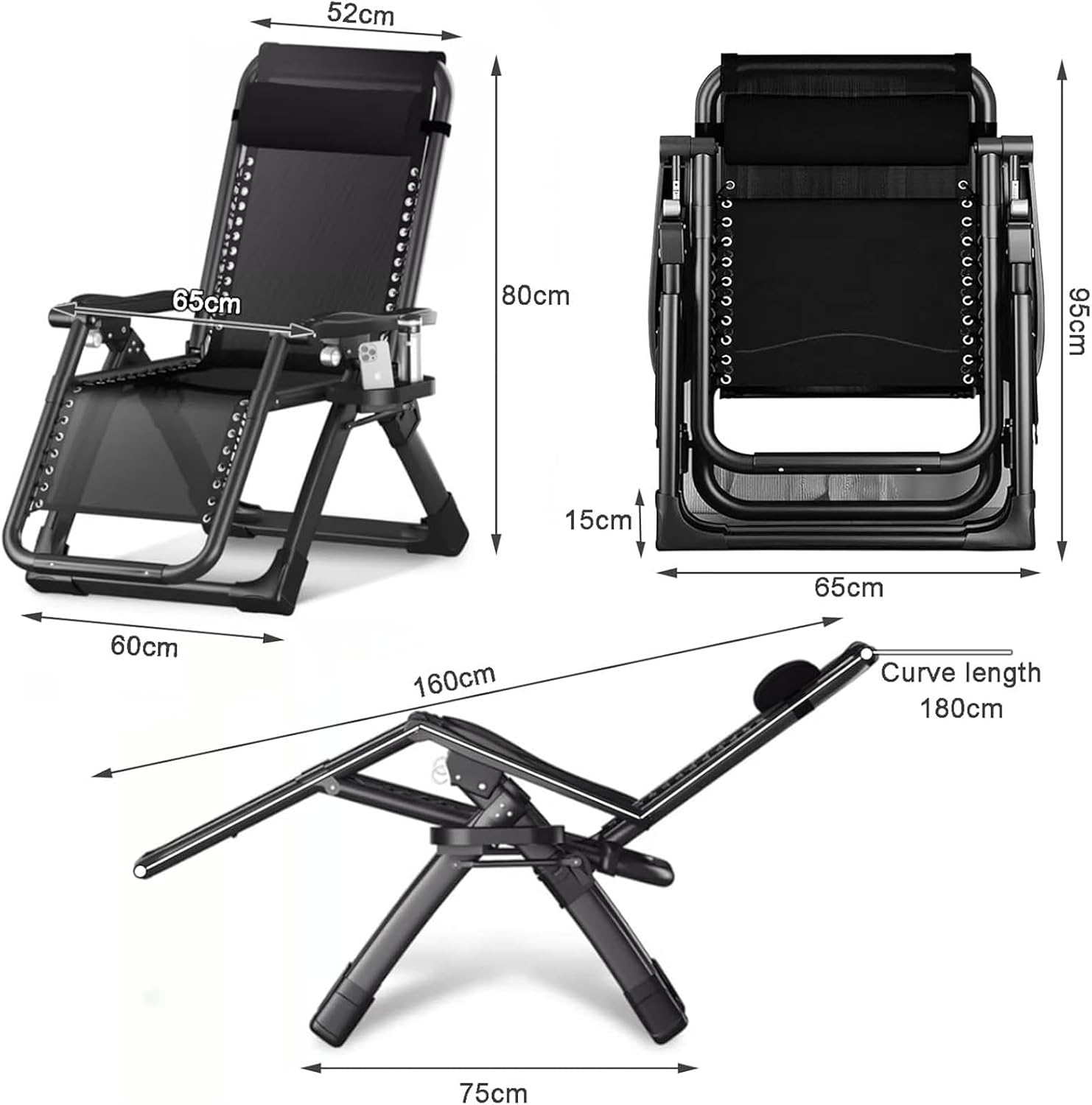 N/A Portable Reclining Lawn Chair, Folding Sun Lounger with Cushion and Pillow, Adjustable Patio Lounge Reclining Chair, for Garden Lawn Camping Beach,C